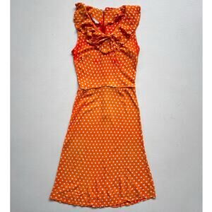 Vtg 70s Orange Polka Dot Sleeveless Ruffle Dress XS/S Coquette Petite Retro